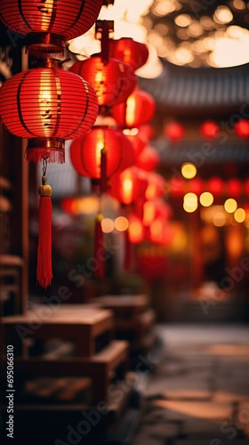 A mesmerizing perspective of red lanterns with golden accents hanging along an ancient street at twilight. The warm radiant light filters through the fabric