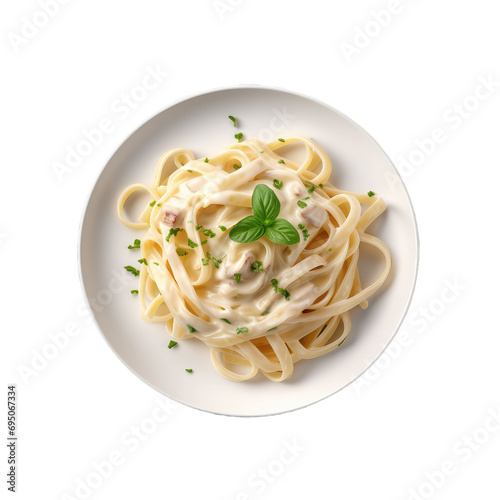 Plate of fettuccine alfredo with garnish isolated on transparent background