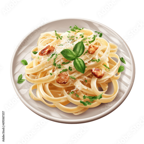 Plate of fettuccine alfredo with garnish isolated on transparent background