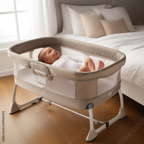 Newborn baby in bedside sleeper, co sleeper, bassinet. An crib. Infant sleeping in bedside bassinet. Safe co-sleeping in a bed side cot.