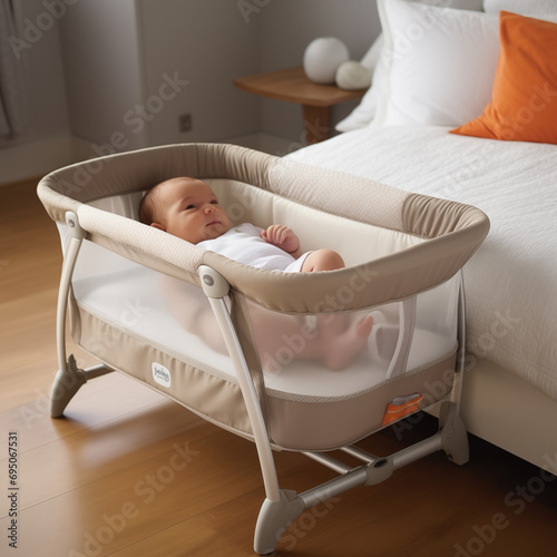 Newborn baby in bedside sleeper, co sleeper, bassinet. An crib. Infant sleeping in bedside bassinet. Safe co-sleeping in a bed side cot. photo