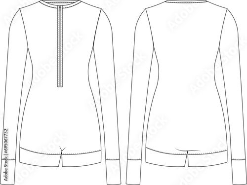 round crew neck zippered elastic mini short jumpsuit template technical drawing flat sketch cad mockup fashion woman design model style photo