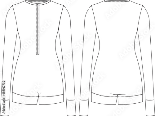 round crew neck zippered elastic mini short jumpsuit template technical drawing flat sketch cad mockup fashion woman design model style