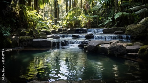 Idyllic tropical oasis  waterfalls, parrots, and vibrant blooms in a sun kissed paradise © Ilja