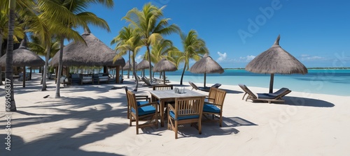 Tropical beach with waves  palm trees  and umbrellas  ideal for beverages or tropical products.