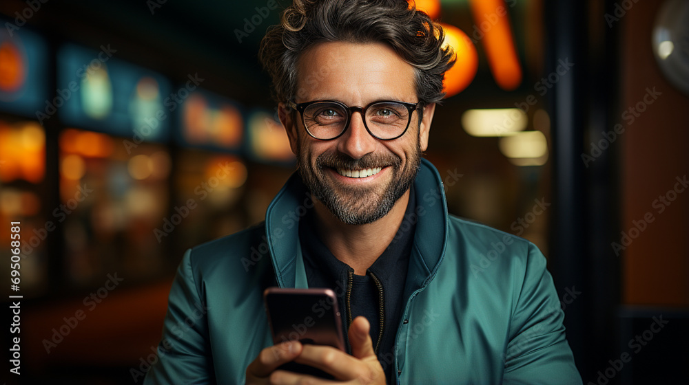 
Adult man with glasses and gray hair happily using his smartphone in a cinema or shopping center. Middle aged guy looking at camera using technology to communicate and with copy space background. - obrazy, fototapety, plakaty 