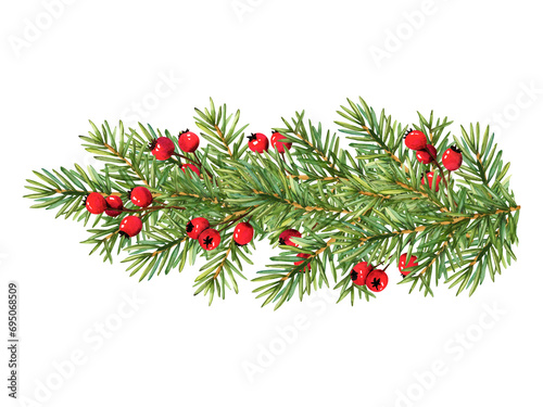 Clip art christmas tree branches decorated with red berries. Watercolor xmas illustration for decoration. Nature design circle frame new year greeting cards template