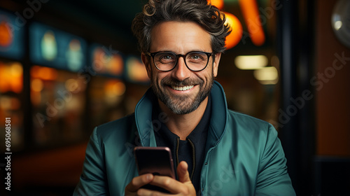 
Adult man with glasses and gray hair happily using his smartphone in a cinema or shopping center. Middle aged guy looking at camera using technology to communicate and with copy space background. photo