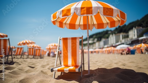Vibrant seaside boardwalk with colorful beach huts   perfect for summer apparel promotion