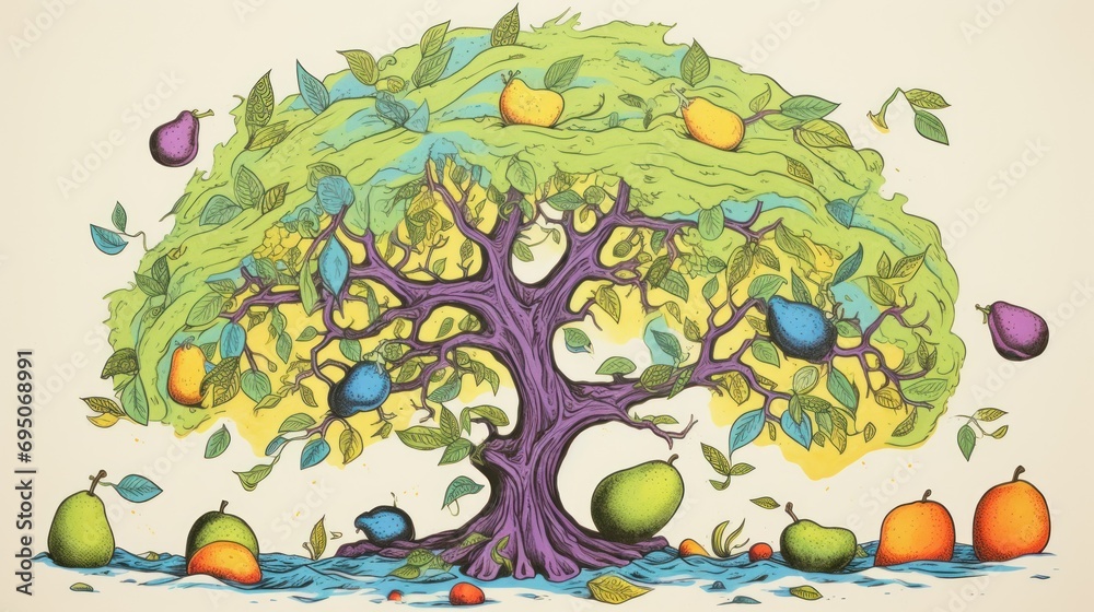  a drawing of an apple tree surrounded by pears and oranges, with leaves and leaves falling off the branches.