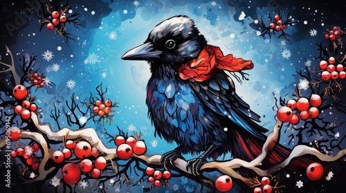  a painting of a black bird with a red bow on it's neck sitting on a branch of a tree.