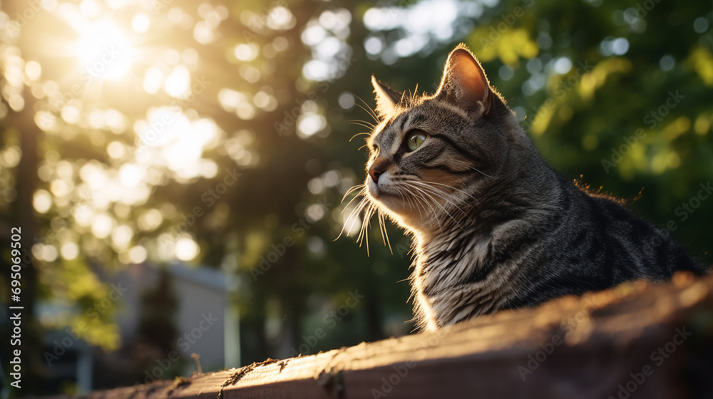 Obraz premium Portrait d’un chat en gros plan, sur fond extérieur, nature. Animal domestique, chat, chaton, mignon. Arrière-plan pour conception et création graphique.