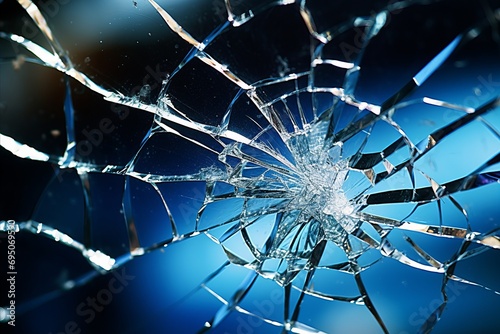Detailed close-up of a damaged car windshield with clearly visible cracks and shattered glass photo