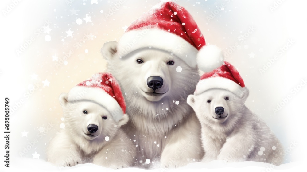 a polar bear wearing a santa hat with two other polar bears in front of a white background with snow flakes. a polar bear wearing a santa hat with two other polar bears in front of a white background with snow flakes.