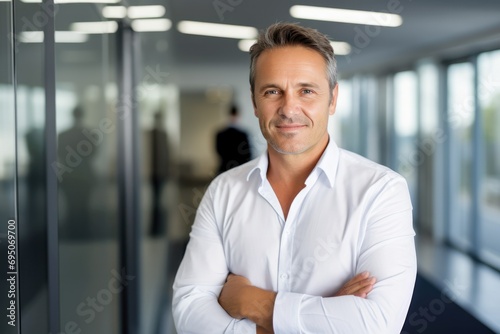 mature 50 year old confident professional manager, confident businessman investor looking at camera, smiling mid aged older business man executive standing in office, portrait