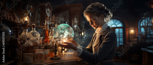 Woman looking at the substance in the flasks. 19th century woman in a laboratory. Wallpaper in steampunk style. photo