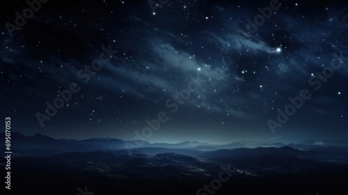  the night sky is full of stars and the moon shines brightly above the mountains and the clouds are blowing in the wind.