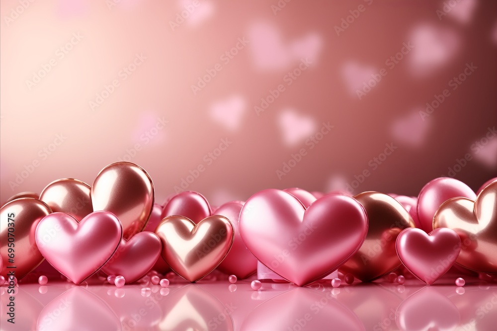 Romantic valentine s day pink hearts background with bokeh effects and glowing lights