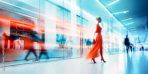 Blurred background of a modern shopping mall with some shoppers. Stylish women looking at showcase, motion blur. Abstract motion blurred shoppers with shopping bags 