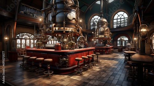 Steampunk laboratory with brass machinery, glowing concoctions, and stained glass windows © Ilja