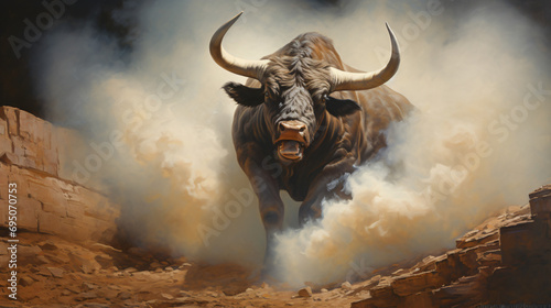 A painting of a bull with huge horns running through
