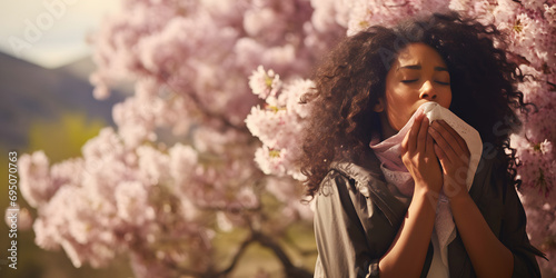 Allergic african woman blowing on handkerchief in park or garden on spring season on sunny day outside photo