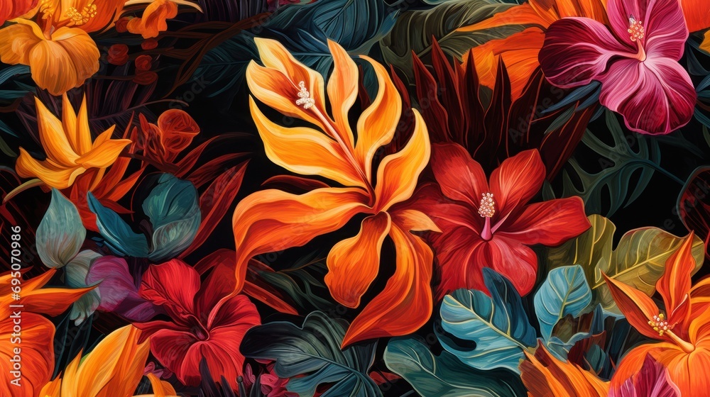 a painting of orange and red flowers on a black background with green leaves and red and yellow flowers on a black background. a painting of orange and red flowers on a black background with green leaves and red and yellow flowers on a black background.