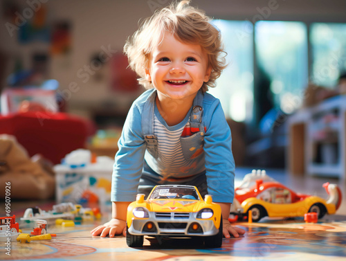 kid boy toddler playing with toy car 