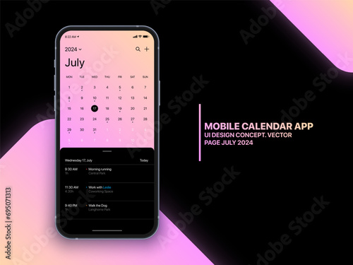 Mobile App Calendar July 2024 Page with To Do List and Tasks Vector UI UX Design Concept on Isolated Photo Realistic Smart Phone Screen Mockup. Smartphone Business Planner Application Template