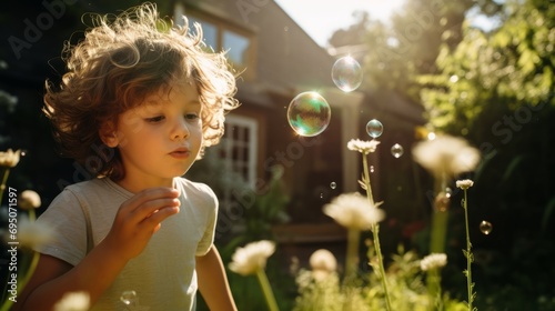 Child Blowing Soap Bubbles in Sunlit Garden © Andreas