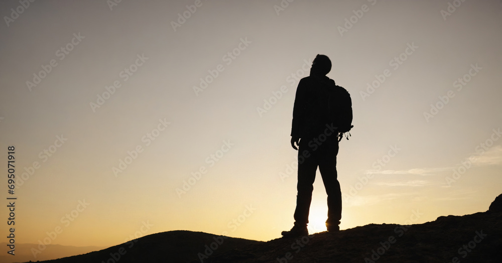 Silhouetted against a vibrant sunset, a determined man stands atop a mountain, embodying hope, potential, and success. Silhouetted against a vibrant sunset, a determined man stands atop a mountain, embodying hope, potential, and success.