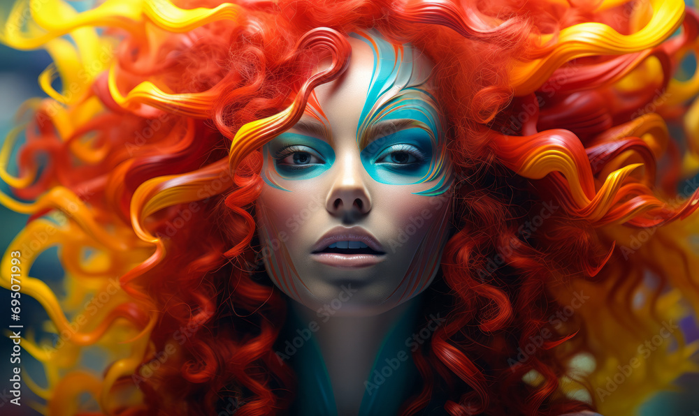 Vibrant fantasy portrait of a woman with fiery red curls and exotic face paint in a spectrum of rainbow colors, embodying a mythical, fiery spirit