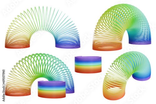 Colorful slinky toy set. Isolated rainbow spring. 3D rendering. photo