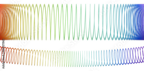 Stretched slinky toy set. Isolated colorful rainbow spring. 3D rendering.