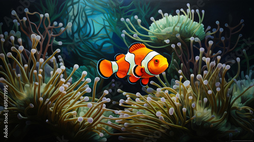  A painting of a clown fish in an aquarium with anemone