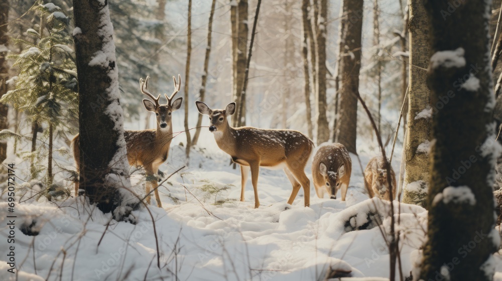 Winter Forest Deer Foraging