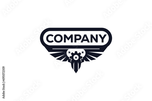 Logo design of a ratchet extension bar tool inside a winged shape with a mechanical wheel on the top and three stars in the center. 