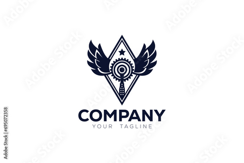 Logo design of a ratchet extension bar tool inside a winged shape with a mechanical wheel on the top and three stars in the center. 