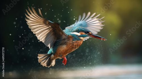Kingfisher in Mid-Flight with Outstretched Wings and Water Droplets