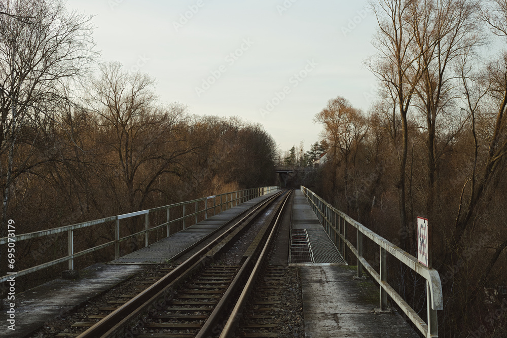 Railway in the Morning - Railway Bridge over the River - Rails - Rail Track - Background - Railroad - Concept - Horizon - Nature - Sky - Urbex / Urbexing - Lost Place 