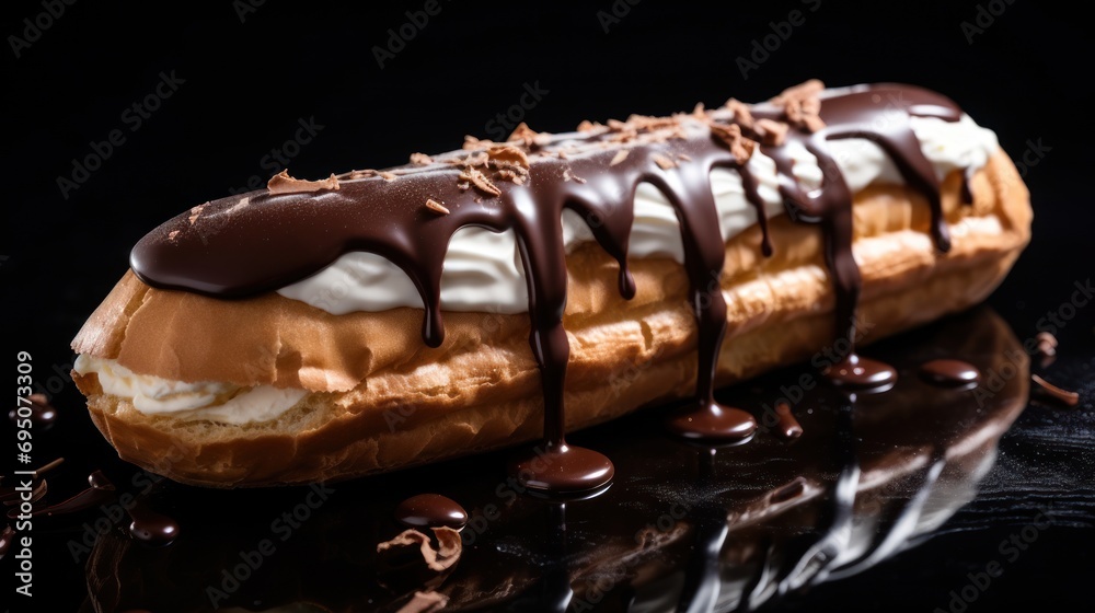 a close up of a pastry with chocolate drizzled on top and whipped cream drizzled on the top. a close up of a pastry with chocolate drizzled on top and whipped cream drizzled on the top.