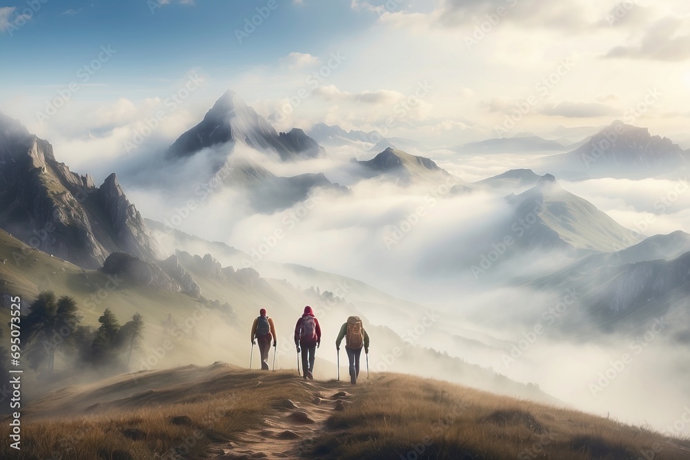 Hikers walking in misty mountains