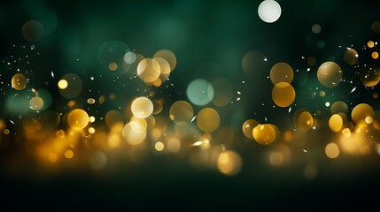 Abstract golden yellow and emerald green glitter lights bokeh background with copy space