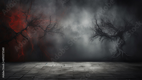 halloween background with scary scary and creepy ghost in dark empty wooden floor with fog and lights. empty space. photo