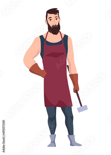 Blacksmith worker. Craftsmanship making steel tools. Character with hammer making goods in foundry workshop. Worker making some items. Vector cartoon person