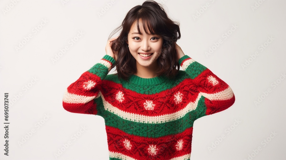 Merry satisfied fun young woman wear knitted christmas sweater posing isolated on white background. Happy New Year 2024 celebration holiday concept, winter red green pajamas girl portrait. Merry satisfied fun young woman wear knitted christmas sweater posing isolated on white background. Happy New Year 2024 celebration holiday concept, winter red green pajamas girl portrait.