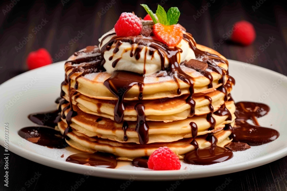pancakes with chocolate syrup and fruit pancakes with chocolate syrup and fruit