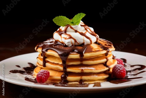 pancakes with chocolate syrup and fruit