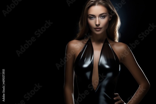 Young woman of model appearance in a black leather dress