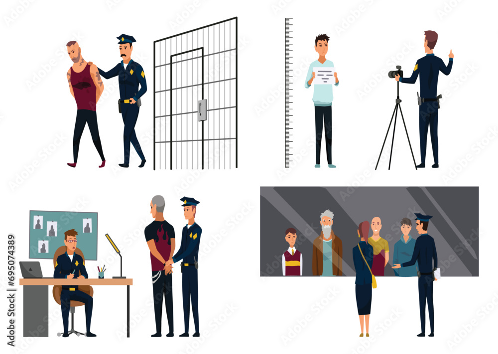 Police station building interior with employees, staff set. Police officer in uniform working. Detective in office make investigation. People in jail. Vector illustration in cartoon style Police station building interior with employees, staff set. Police officer in uniform working. Detective in office make investigation. People in jail. Vector illustration in cartoon style